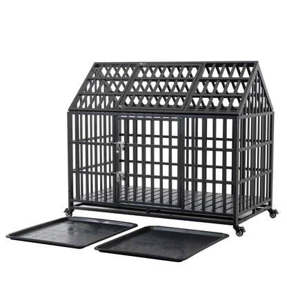 Heavy Duty Dog Crate Lockable Wheels HouseOfZazla, black metal cage with lockable latches on Tampa Home & Garden Store