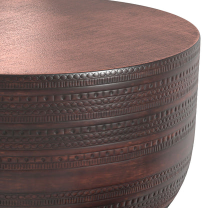 Handcrafted metal coffee table with bronze finish and textured beaded bands on Tampa Home & Garden Store