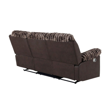 Brenda reclining sofa by Unique Piece Furniture in dark brown faux leather with fur throw on Tampa Home & Garden Store