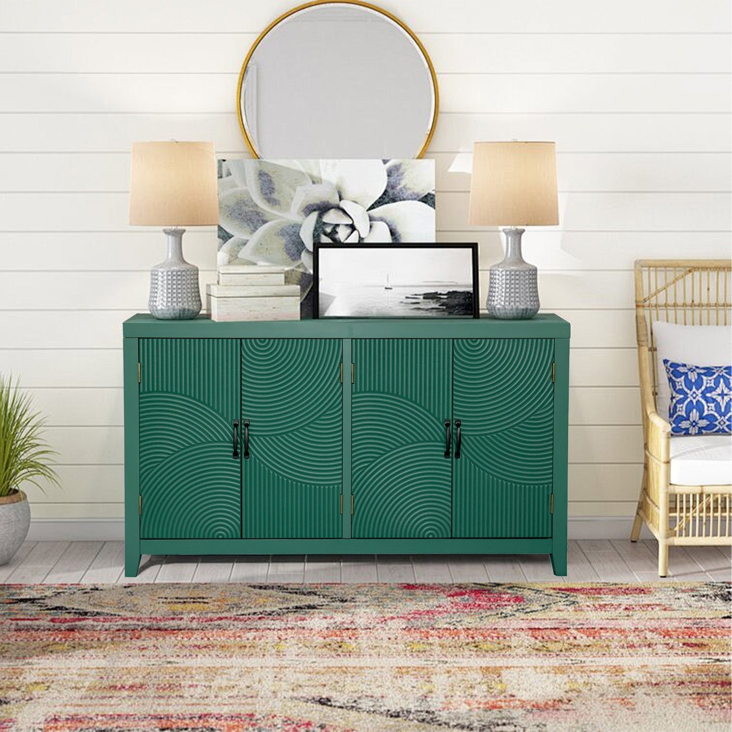 59in green accent cabinet with 4 doors, teal mid-century modern buffet, two lamps on Tampa Home & Garden Store