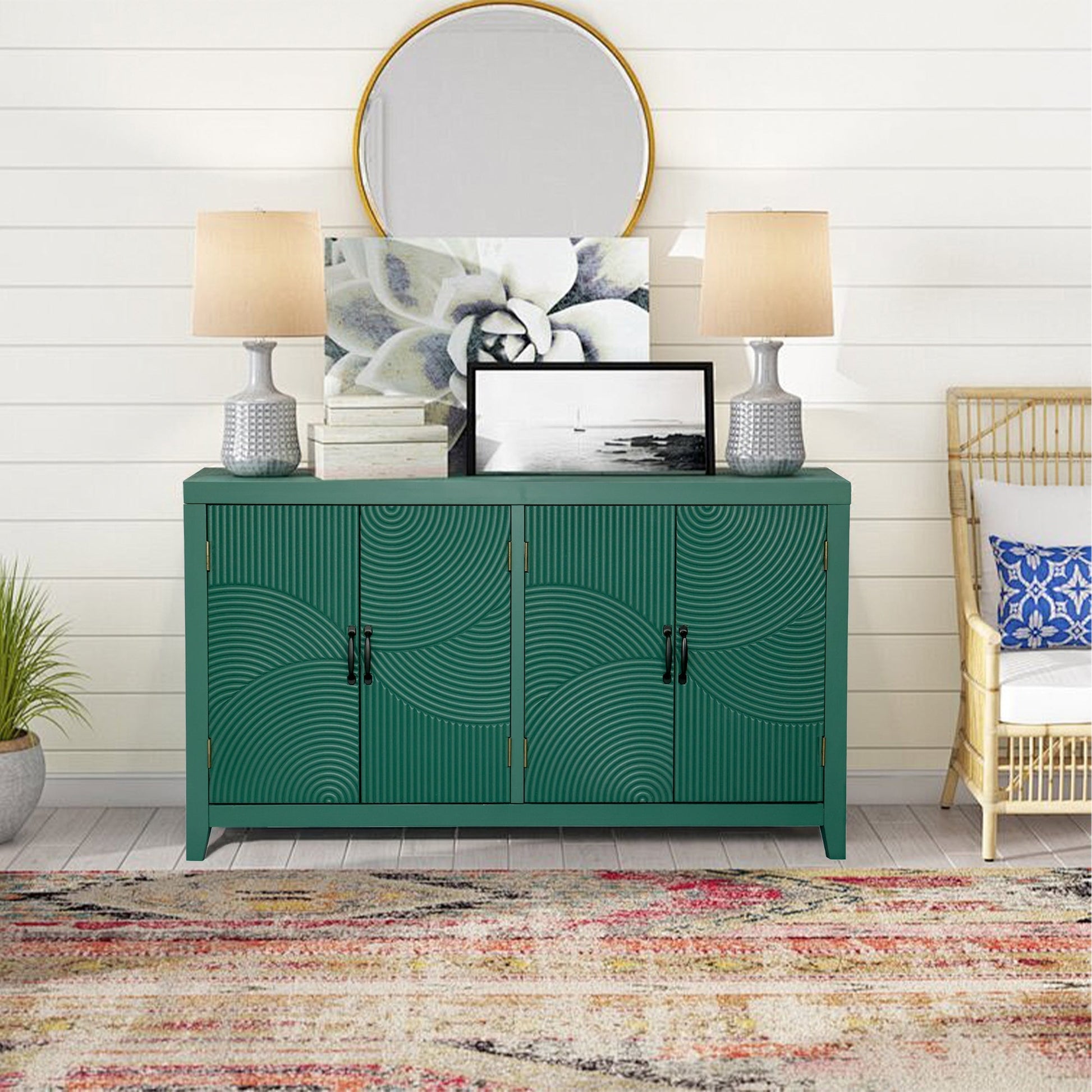 59in green accent cabinet with 4 doors, teal mid-century modern buffet, two lamps on Tampa Home & Garden Store