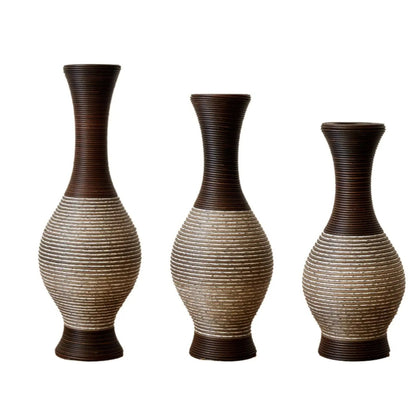 Tall designer floor vase trio in two-tone brown and beige with ribbed texture on Tampa Home & Garden Store