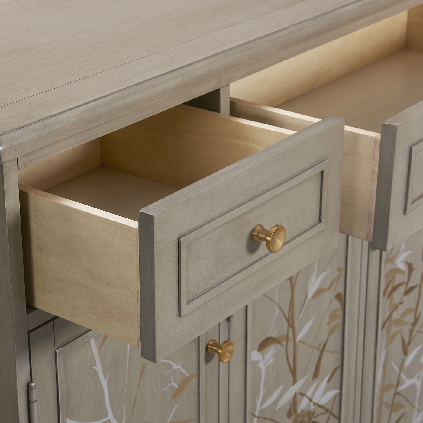 Dauphin handpainted gray cashmere entryway storage cabinet by HouseOfZazla with gold knobs on Tampa Home & Garden Store