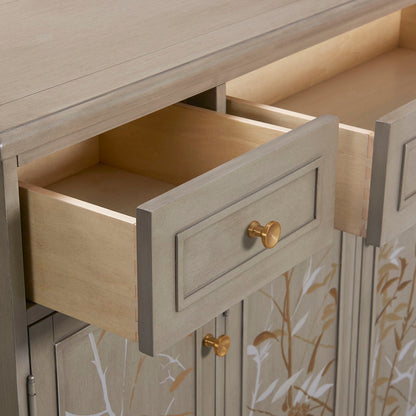 Dauphin handpainted gray cashmere entryway storage cabinet by HouseOfZazla with gold knobs on Tampa Home & Garden Store