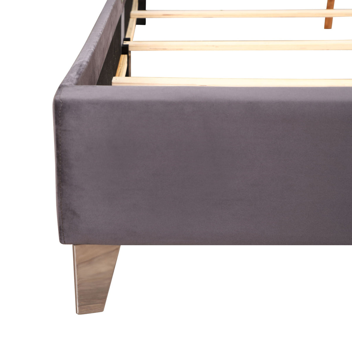 Upholstered Nailhead Trim Chic Bed in gray fabric with light wood legs HouseOfZazla on Tampa Home & Garden Store