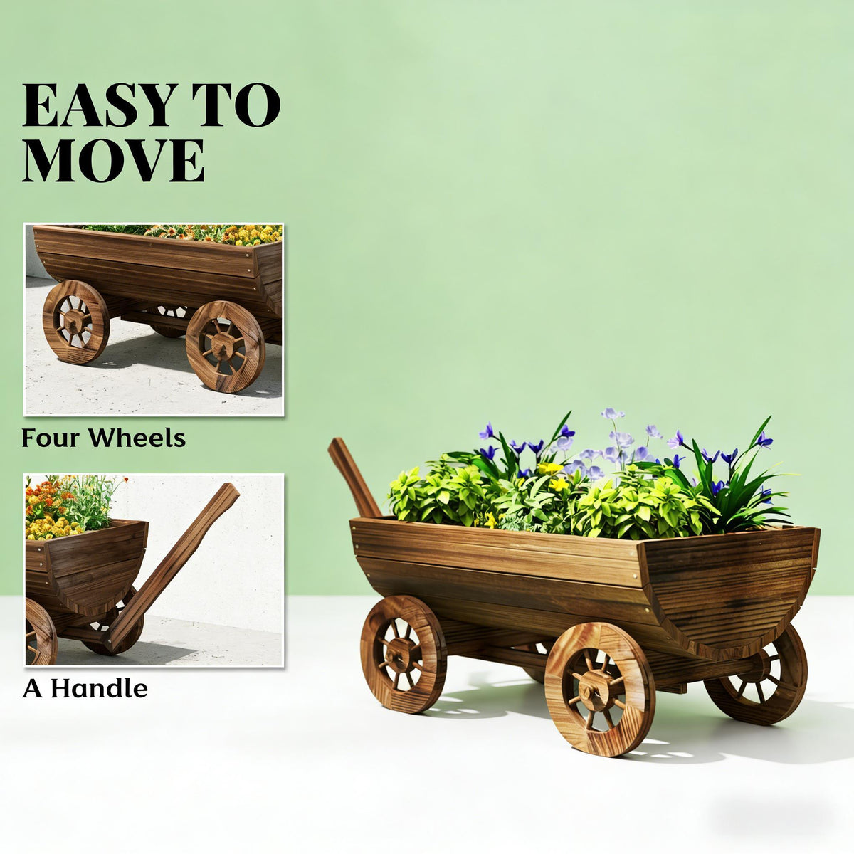 Wooden wheelbarrow planter with drainage, rustic four-wheel cart filled with flowers HouseOfZazla on Tampa Home & Garden Store