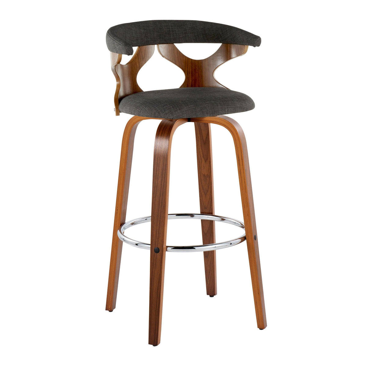 Mid Century Modern swivel barstool with padded dark gray upholstery and curved wood legs on Tampa Home & Garden Store