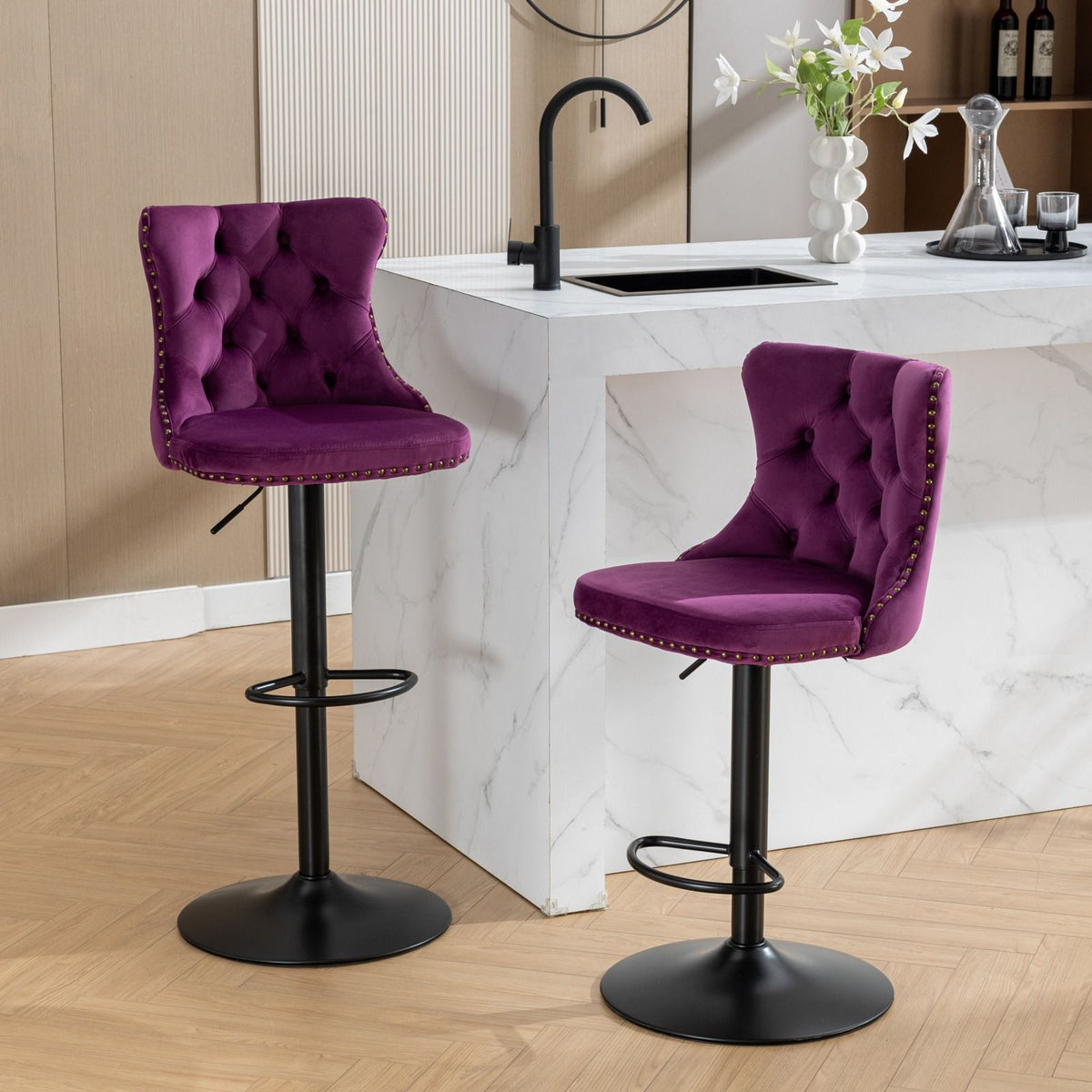 Bar stools set of 2; purple tufted upholstery, backs, adjustable height, black pedestal bases on Tampa Home & Garden Store