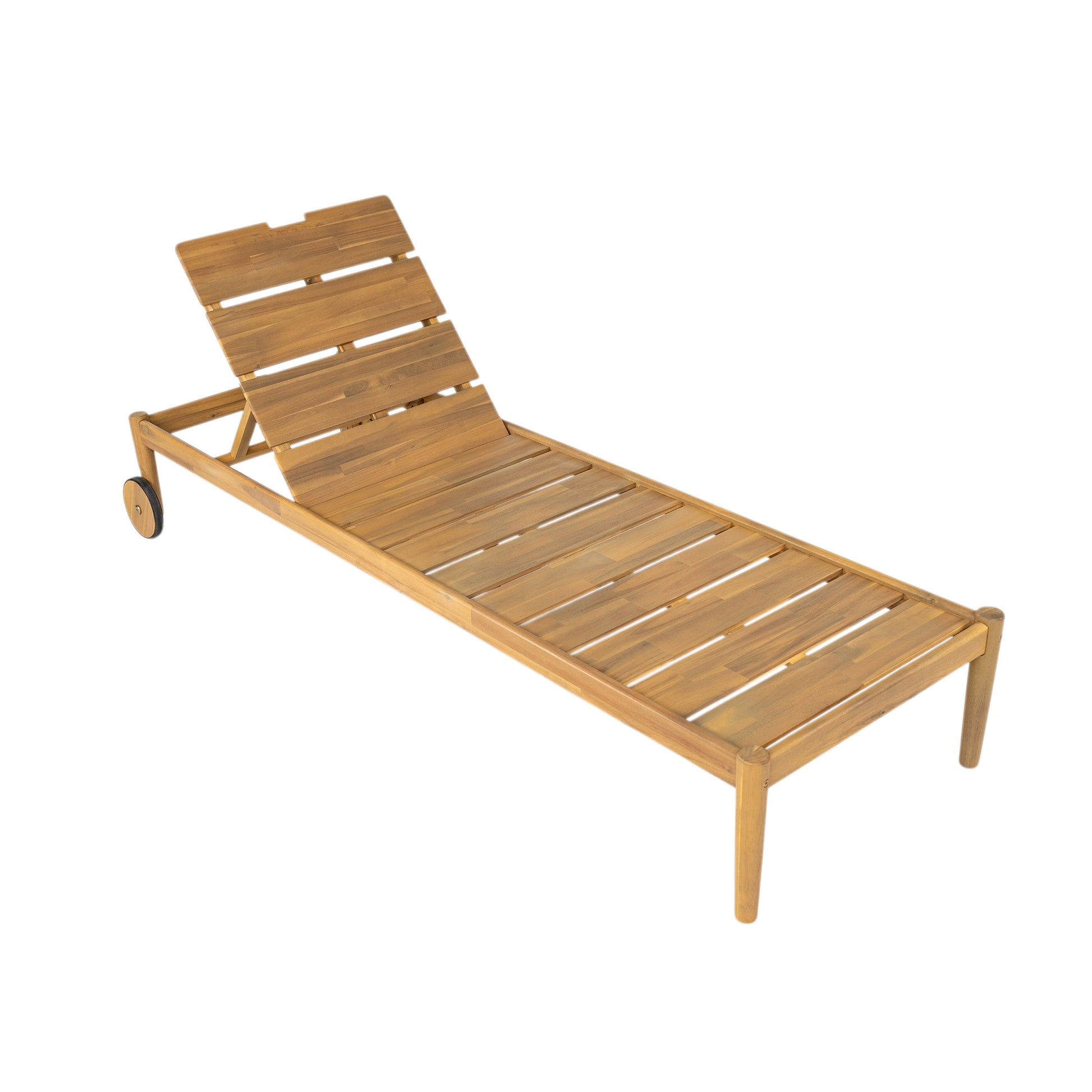 Riviera outdoor chaise lounge set of 2 with acacia wood frames and wheels, natural wood tone on Tampa Home & Garden Store