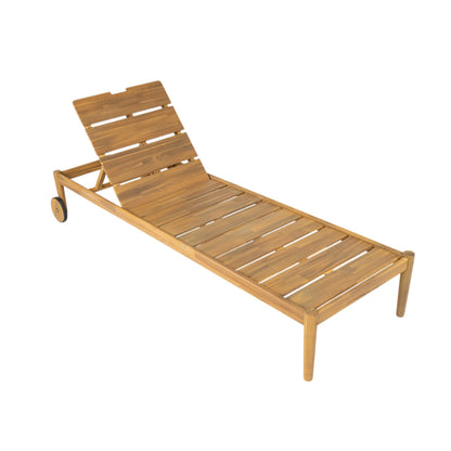 Riviera outdoor chaise lounge set of 2 with acacia wood frames and wheels, natural wood tone on Tampa Home & Garden Store