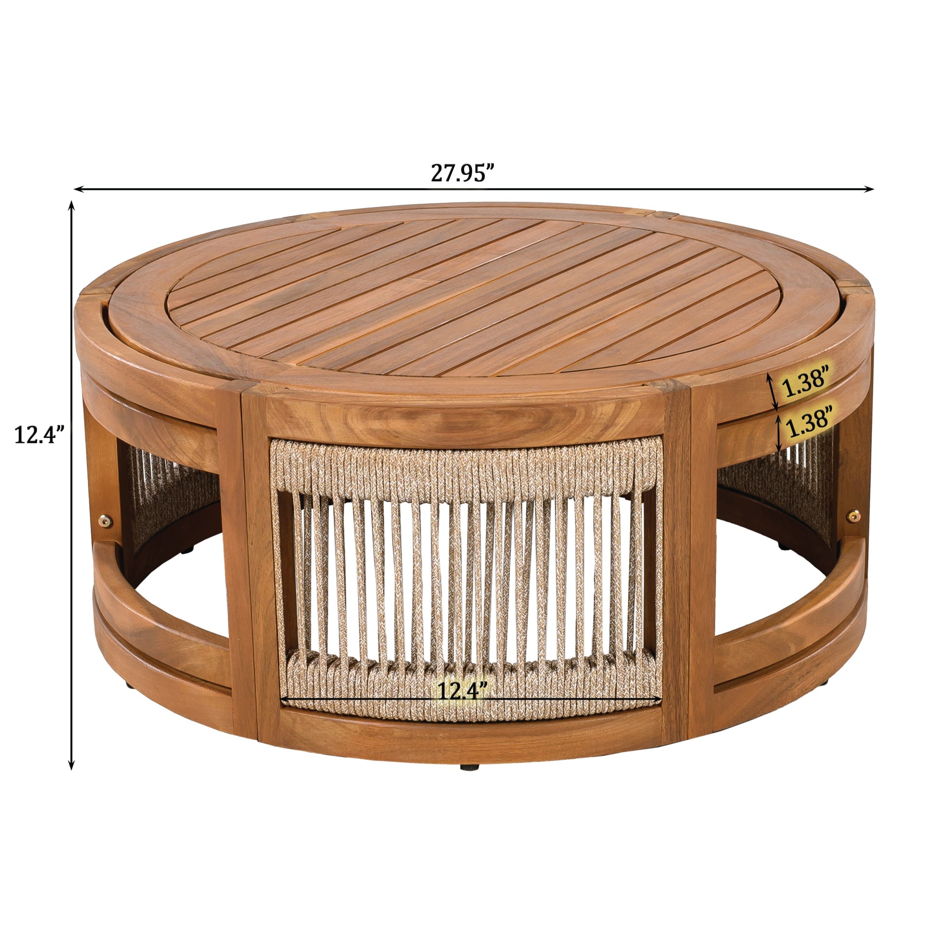 Acacia Wood Outdoor Coffee Table with Handwoven Rope Accent, 27.95-inch diameter, natural finish on Tampa Home & Garden Store