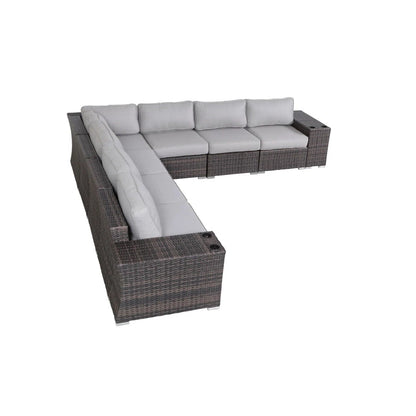 Rattan sectional sofa set with cushions, brown wicker frame and light gray cushions on Tampa Home & Garden Store
