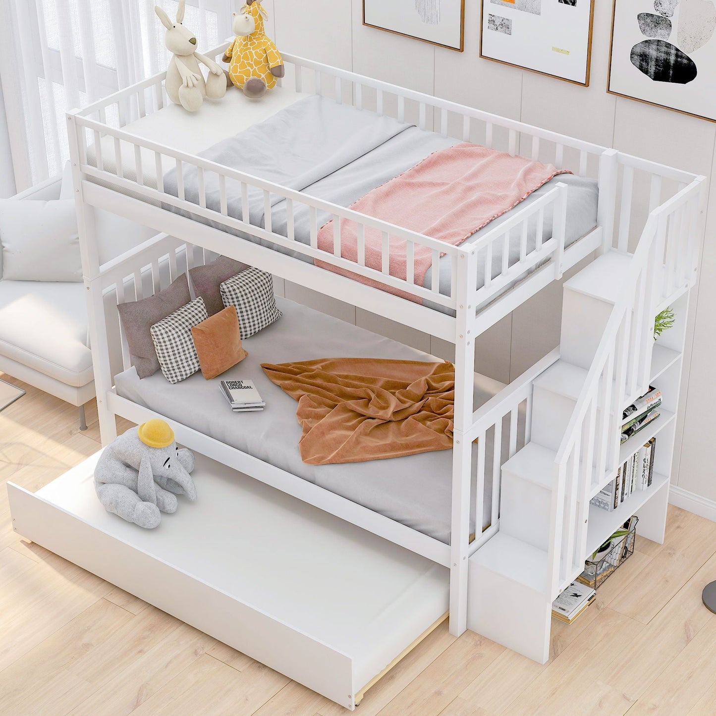 Bunk Bed With Staircase by HouseOfZazla, white bunk bed with gray and pink bedding and plush toys on top on Tampa Home & Garden Store