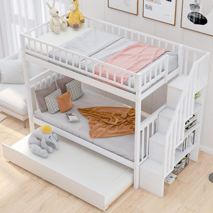 Bunk Bed With Staircase by HouseOfZazla, white bunk bed with gray and pink bedding and plush toys on top on Tampa Home & Garden Store