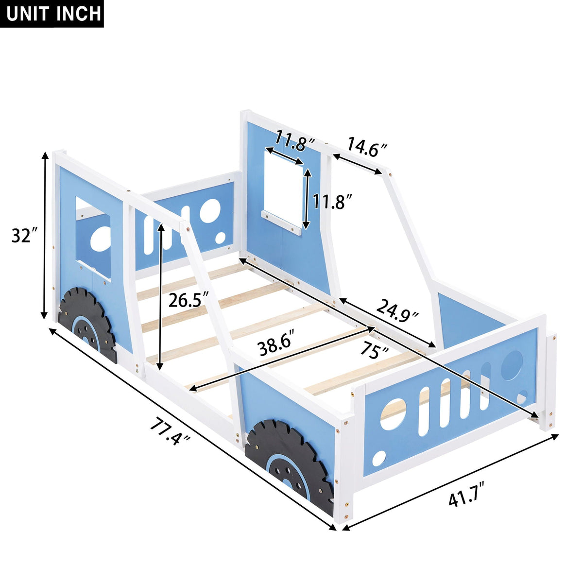 Classic Car Shaped Platform Bed With Wheels by HouseOfZazla, blue panels and white frame on Tampa Home & Garden Store