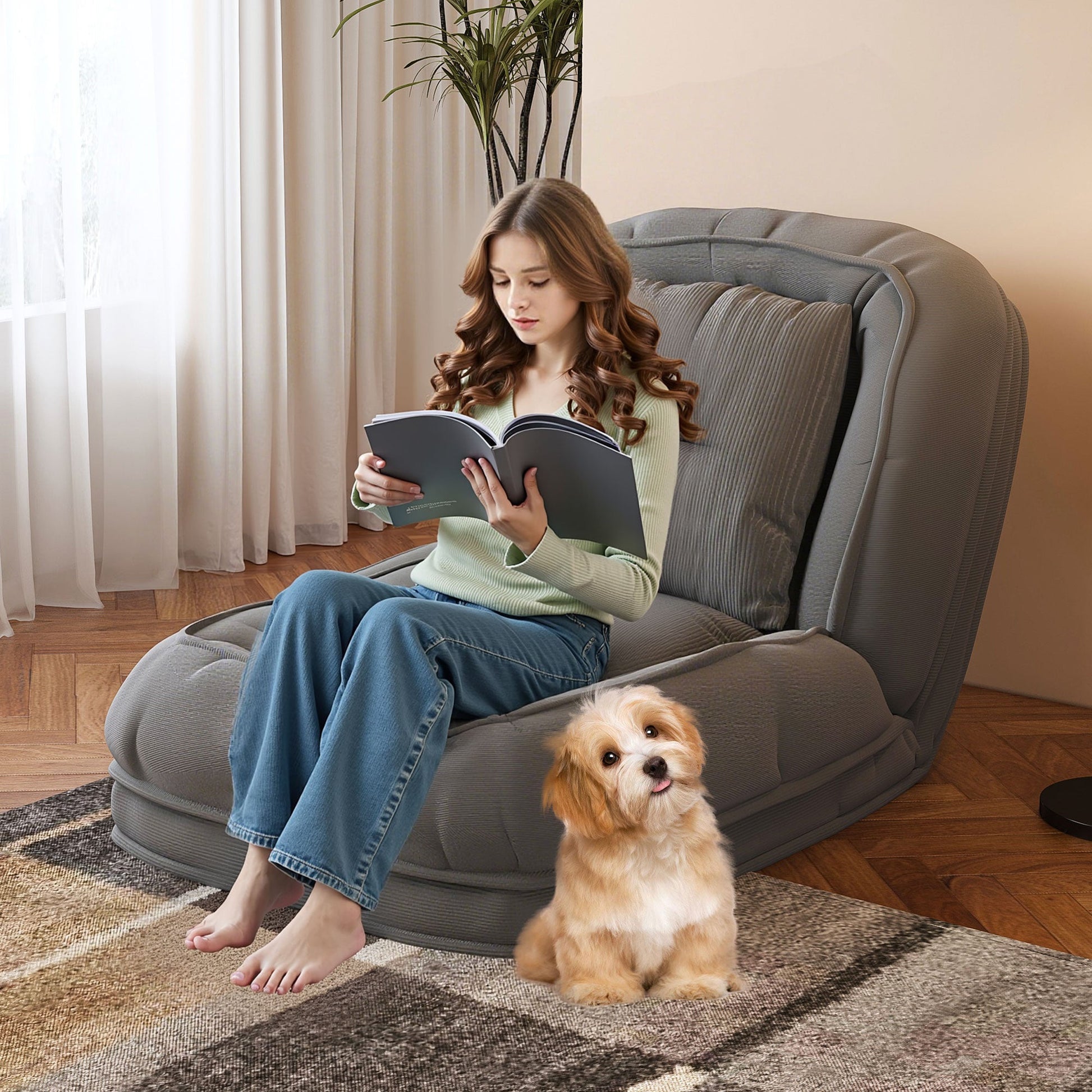Upholstered Human Dog Bed bean bag sofa in gray fabric with a woman reading nearby dog on Tampa Home & Garden Store