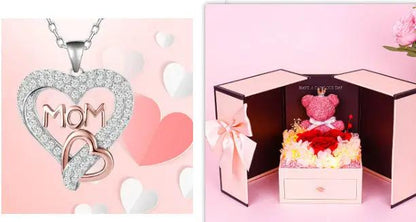 MOM heart pendant necklace in silver with pink Little Bear flower gift box 2pc set on Tampa Home & Garden Store