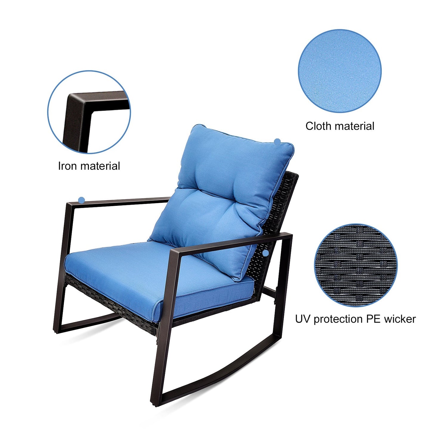 Outdoor rocking chair with blue cushion, iron frame and PE wicker seat on Tampa Home & Garden Store