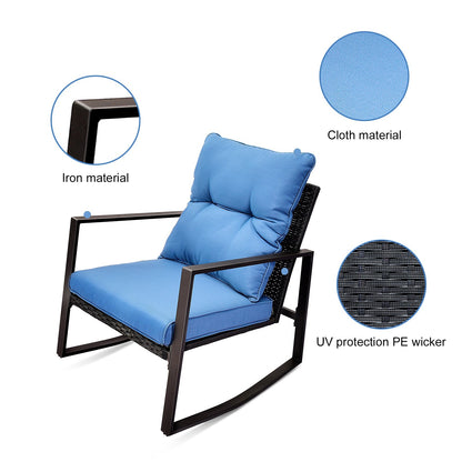 Outdoor rocking chair with blue cushion, iron frame and PE wicker seat on Tampa Home & Garden Store