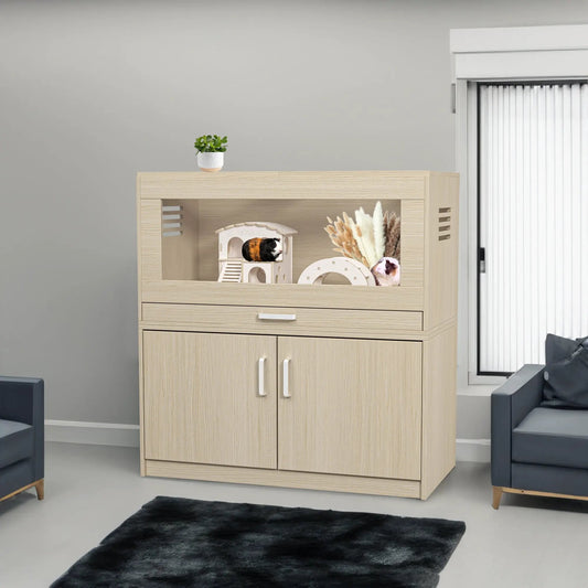 Hamster cage with independent storage and bridge in light wood finish, potted plant on top on Tampa Home & Garden Store