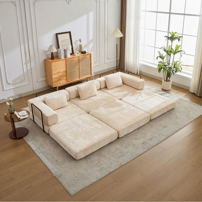 Beige boneless modular floor futon sofa bed with plush cushions in a bright living room on Tampa Home & Garden Store