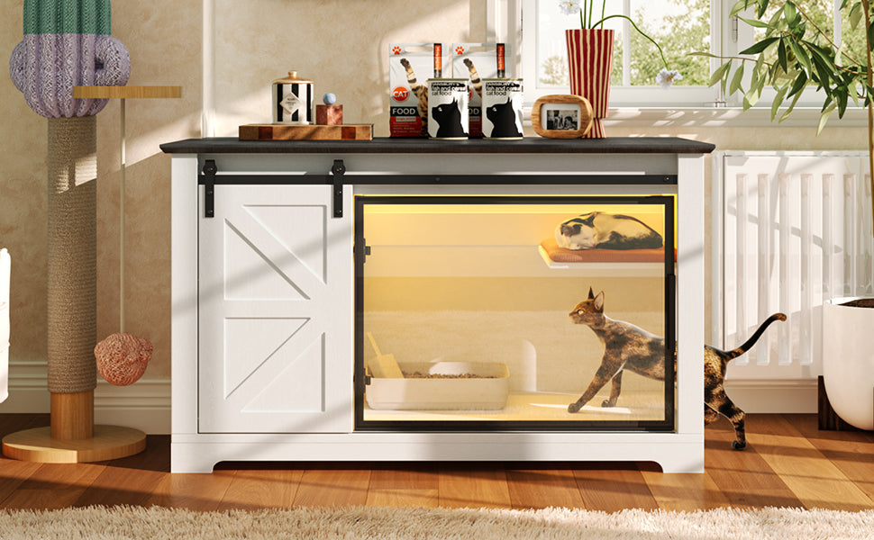46-inch Farmhouse Cat Litter Box Enclosure by HouseOfZazla with Sliding Barn Door, cat inside on Tampa Home & Garden Store