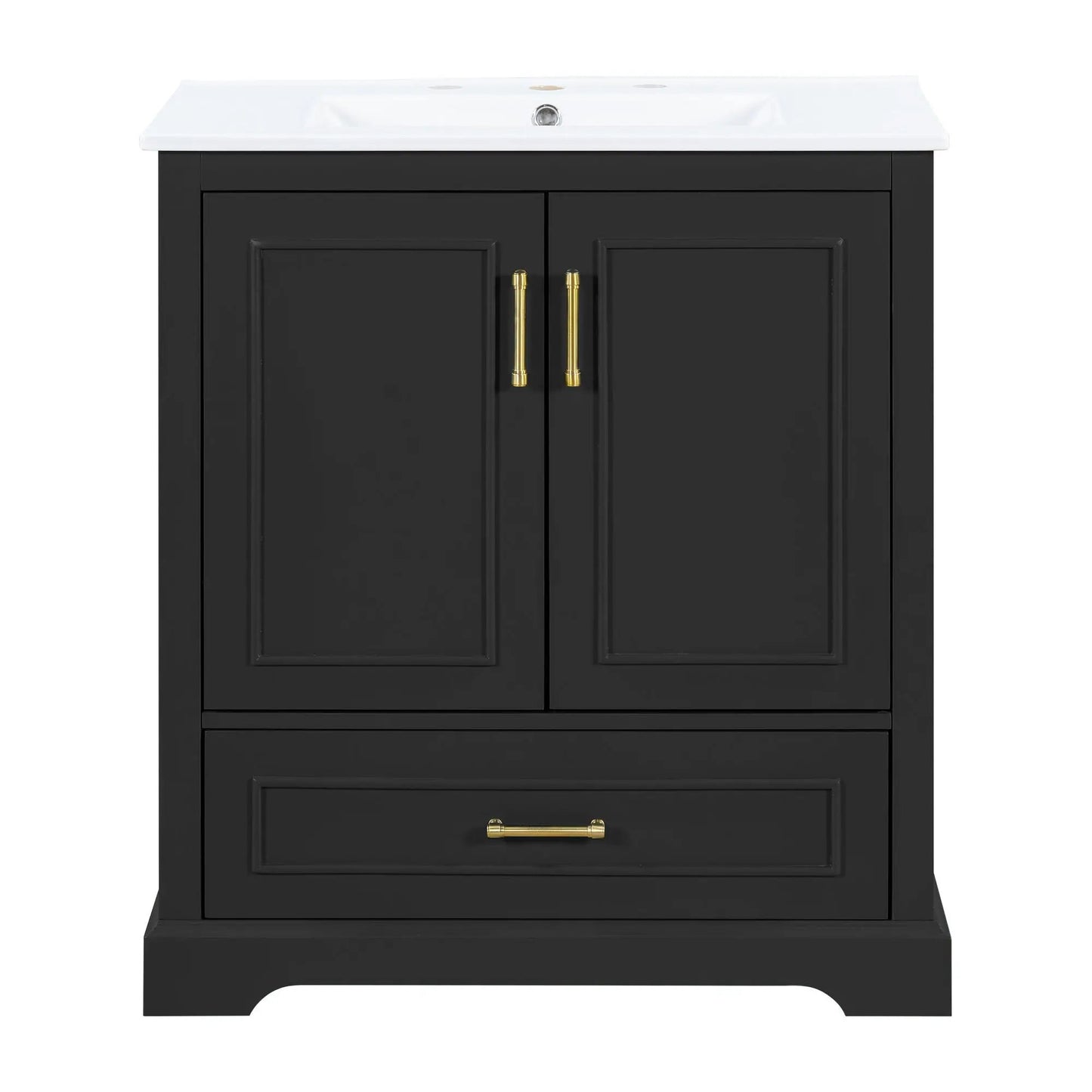 Bathroom vanity with sink, black cabinet, white top, brass handles, 1 divided drawer, 2 doors on Tampa Home & Garden Store