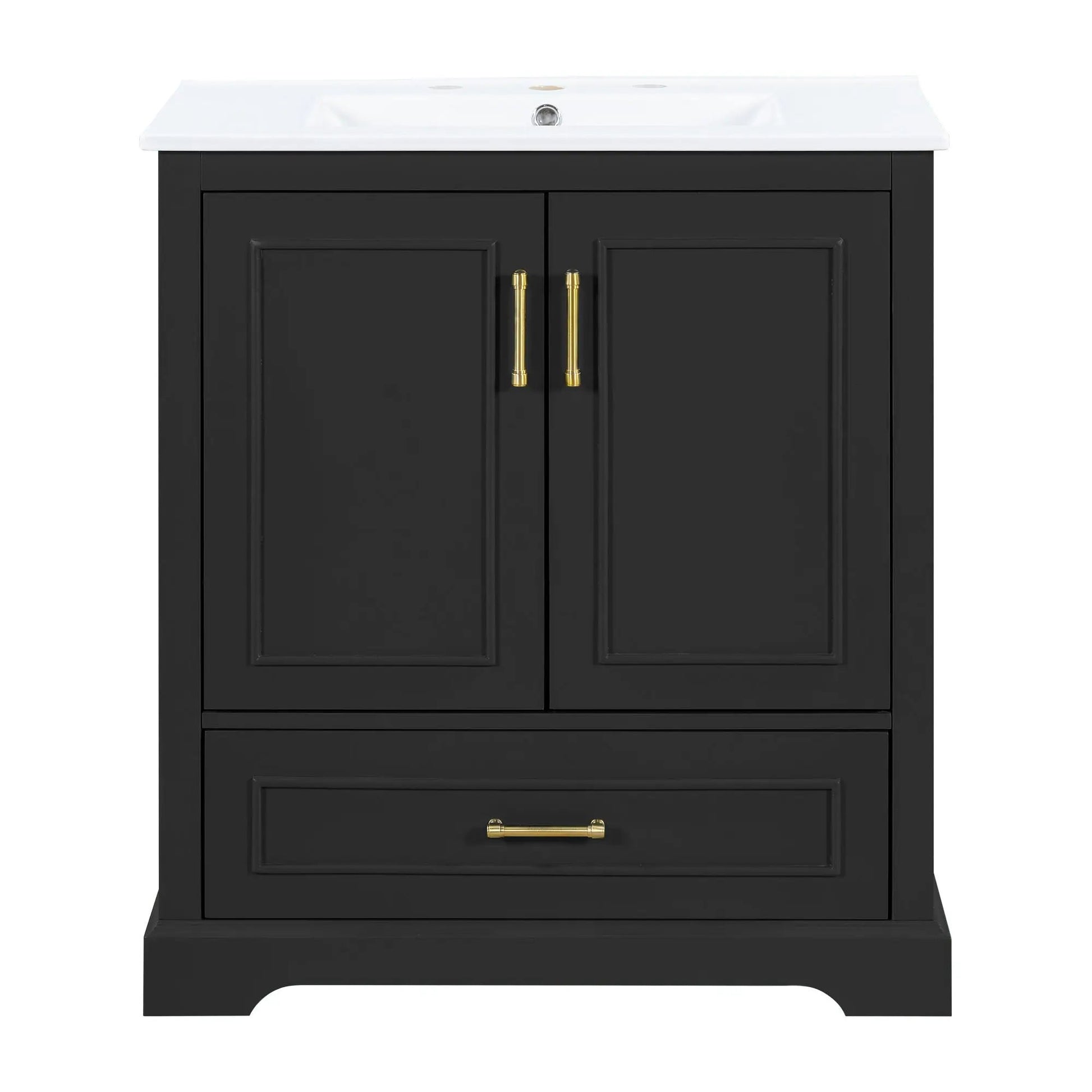 Bathroom vanity with sink, black cabinet, white top, brass handles, 1 divided drawer, 2 doors on Tampa Home & Garden Store