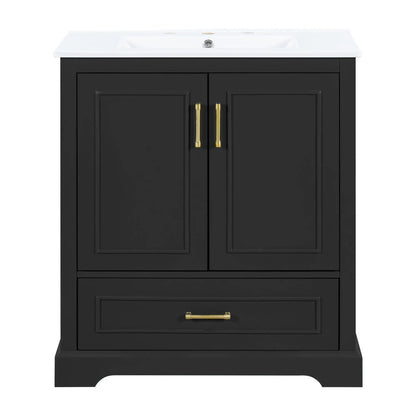 Bathroom vanity with sink, black cabinet, white top, brass handles, 1 divided drawer, 2 doors on Tampa Home & Garden Store