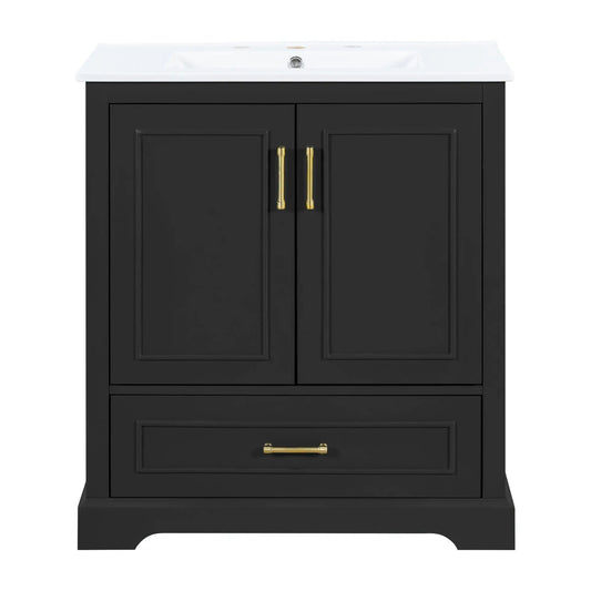 Bathroom vanity with sink, black cabinet, white top, brass handles, 1 divided drawer, 2 doors on Tampa Home & Garden Store