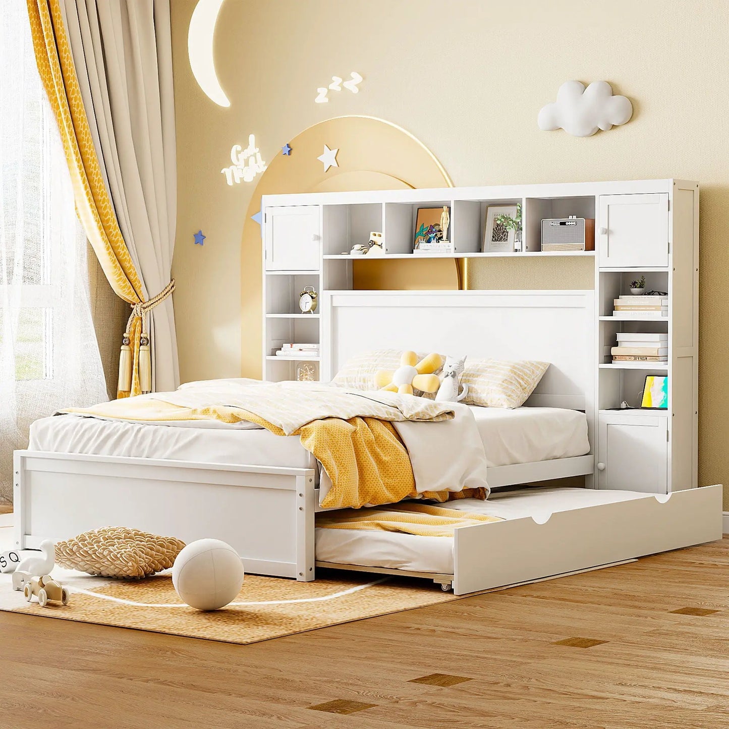 White twin long trundle bed with built-in cabinet and sockets by Unique Piece Furniture on Tampa Home & Garden Store