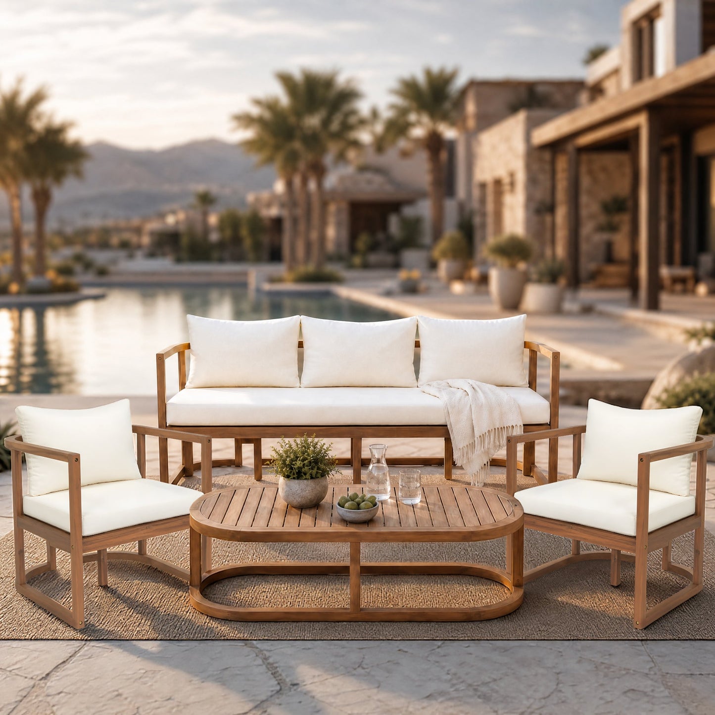 TOPMAX 4-Piece Modern Acacia Wood Patio Set with white cushions by HouseOfZazla on Tampa Home & Garden Store