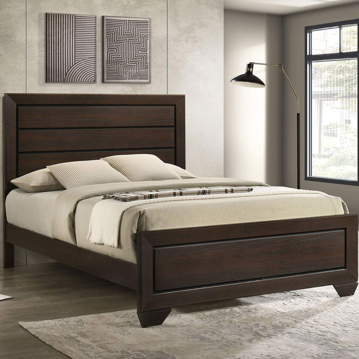 Harrison queen panel bed in dark brown wood with headboard in modern bedroom on Tampa Home & Garden Store