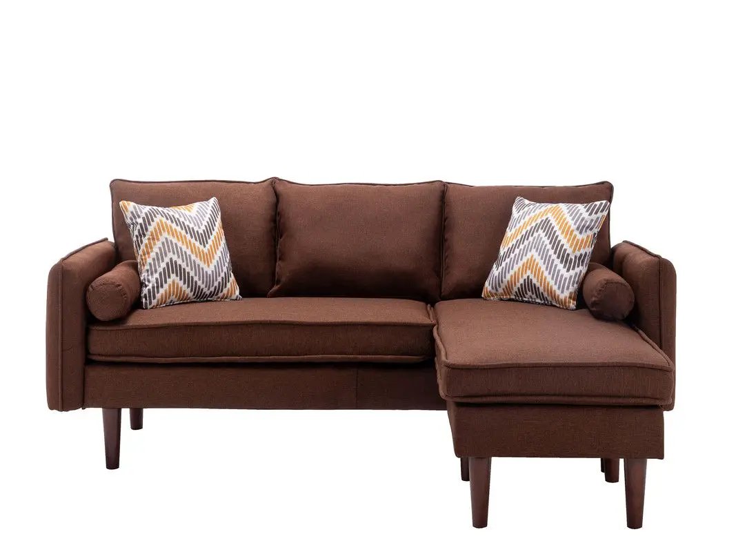 Mia Sectional Sofa Chaise on the right in brown fabric with plush cushions and decorative pillows on Tampa Home & Garden Store