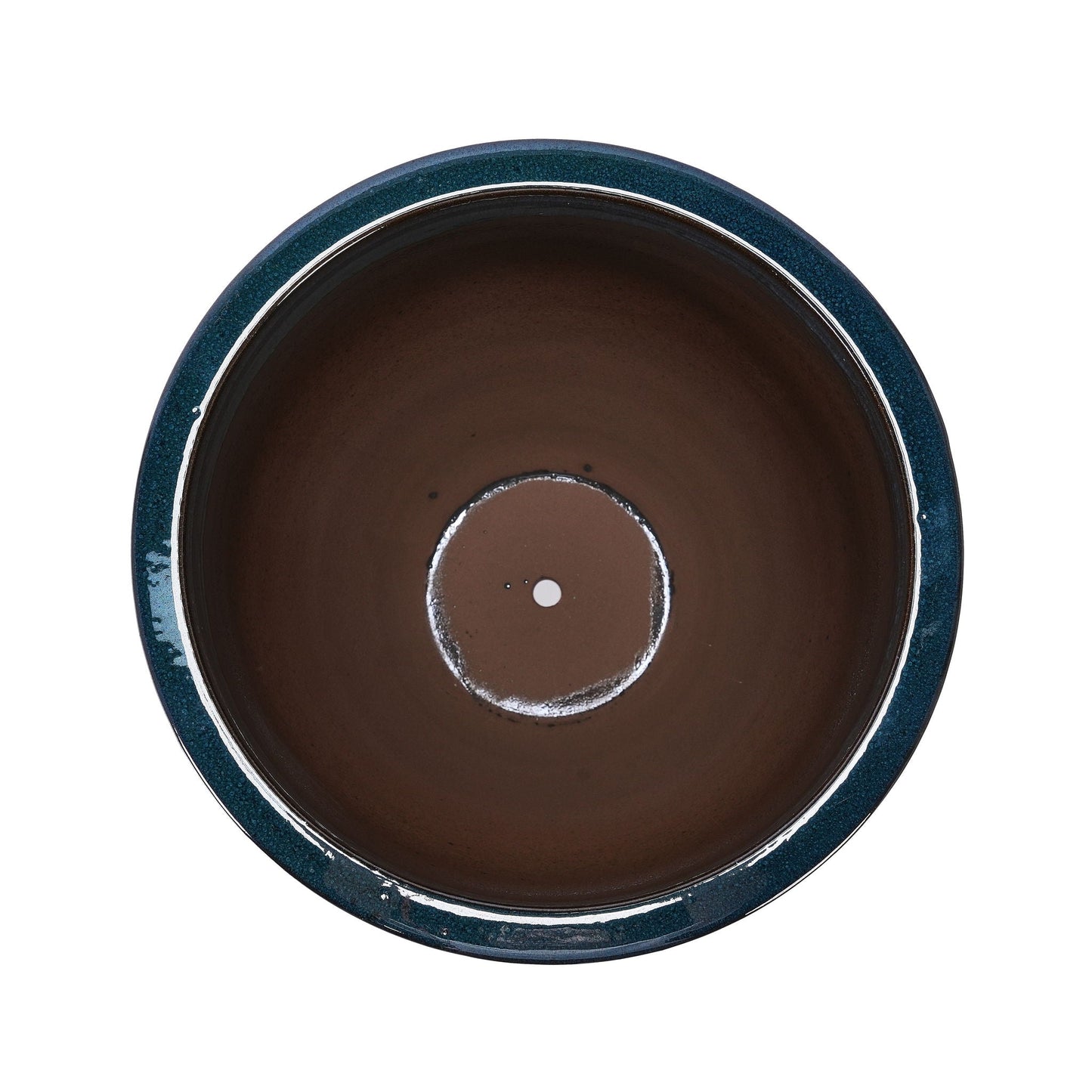 Flowerpot planter with teal speckled glaze exterior and brown interior on Tampa Home & Garden Store