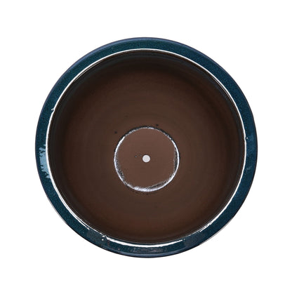 Flowerpot planter with teal speckled glaze exterior and brown interior on Tampa Home & Garden Store