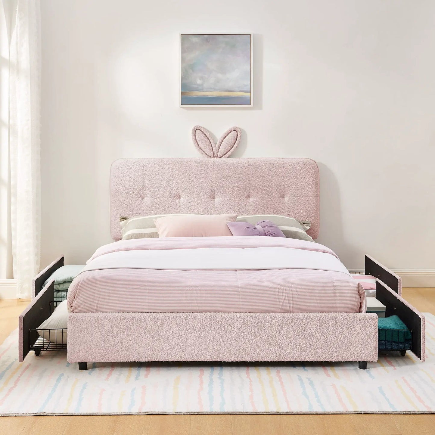 Upholstered Bed with Rabbit Ear Headboard and LED