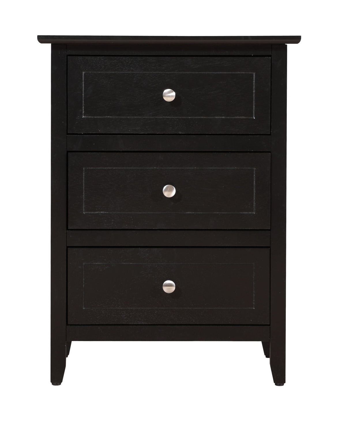 HouseOfZazla 3-drawer nightstand with real wood veneers, black finish, silver knobs on Tampa Home & Garden Store