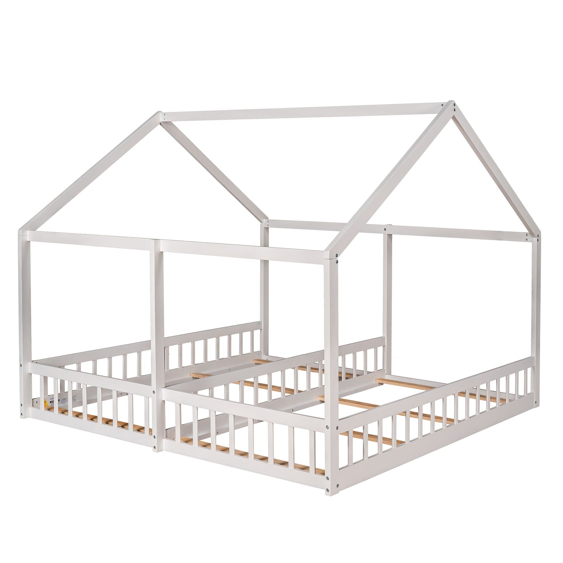 White metal two-bed platform bed frame with guardrails and slat base on Tampa Home & Garden Store