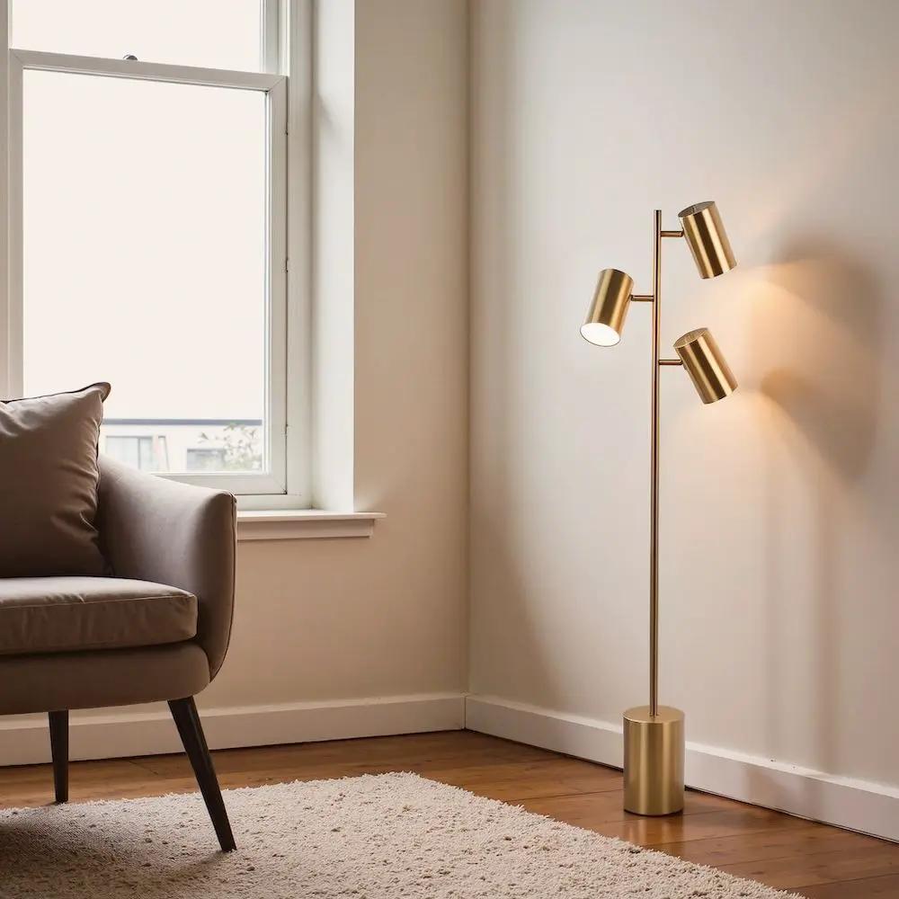 Harmony floor lamp with rotary switch triple spots in gold, block base, Unique Piece Furniture on Tampa Home & Garden Store