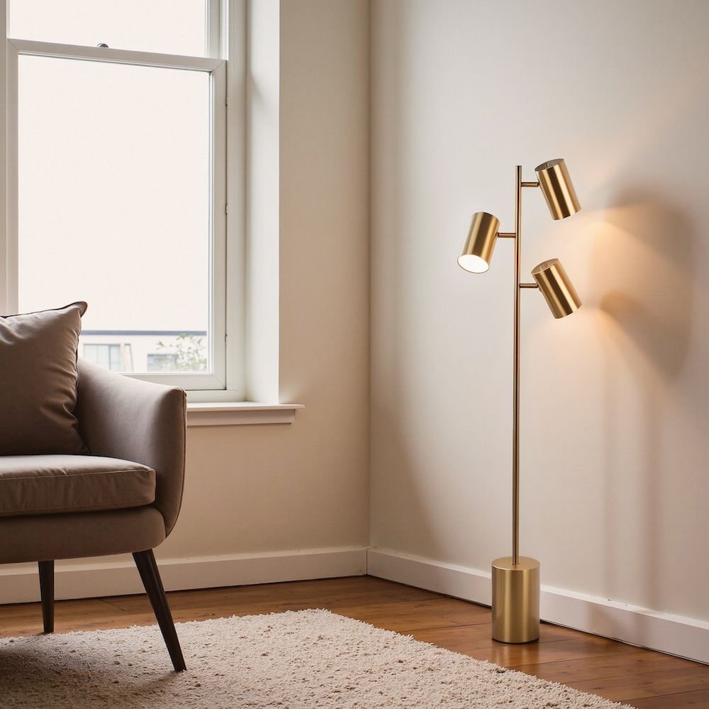Harmony gold floor lamp with rotary switch and triple spotlight heads on a block base on Tampa Home & Garden Store