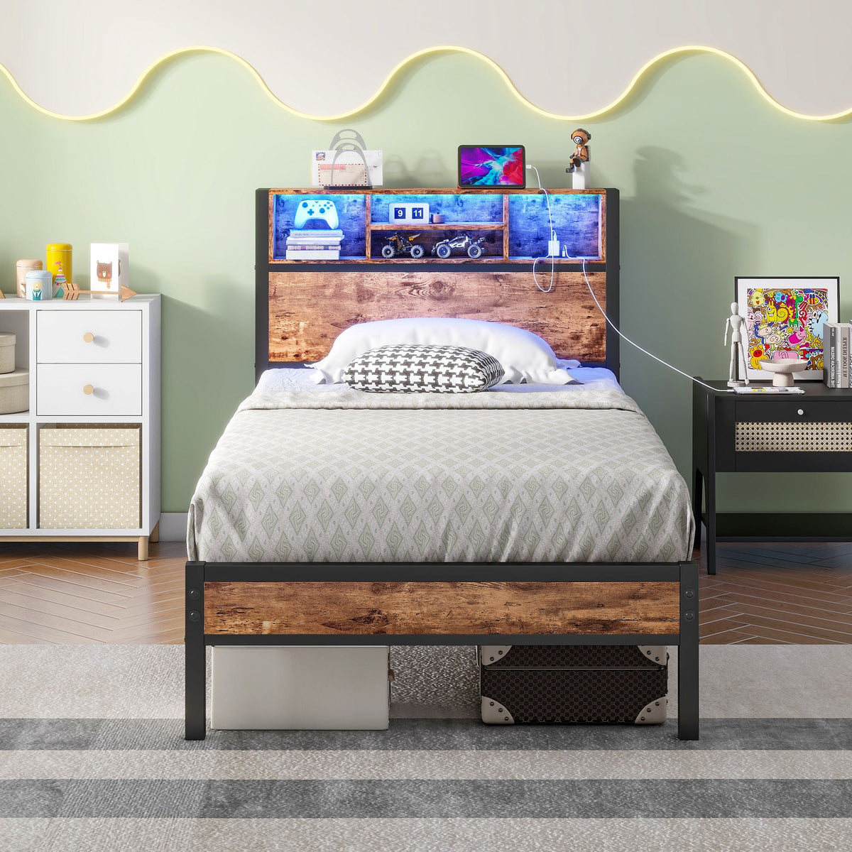 Twin size metal platform bed frame in brown with storage headboard and charging station on Tampa Home & Garden Store