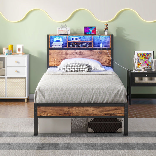 Twin size metal platform bed frame in brown with storage headboard and charging station on Tampa Home & Garden Store