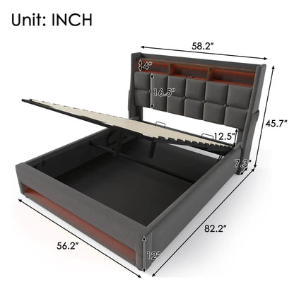 Upholstered Platform Bed With Storage USB LED