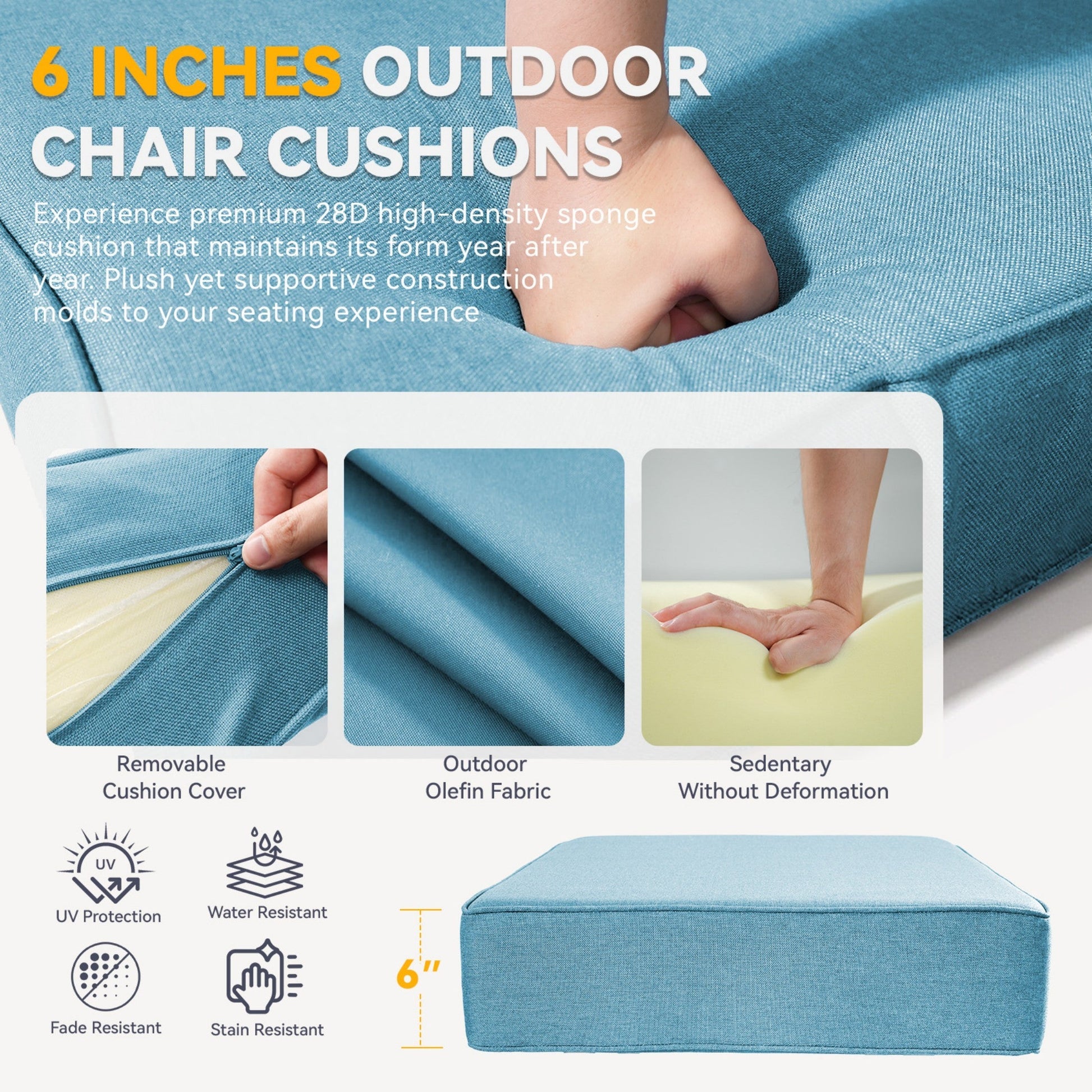 Waterproof Outdoor Cushion Set 6in Thick by HouseOfZazla, blue Olefin fabric, removable cover on Tampa Home & Garden Store