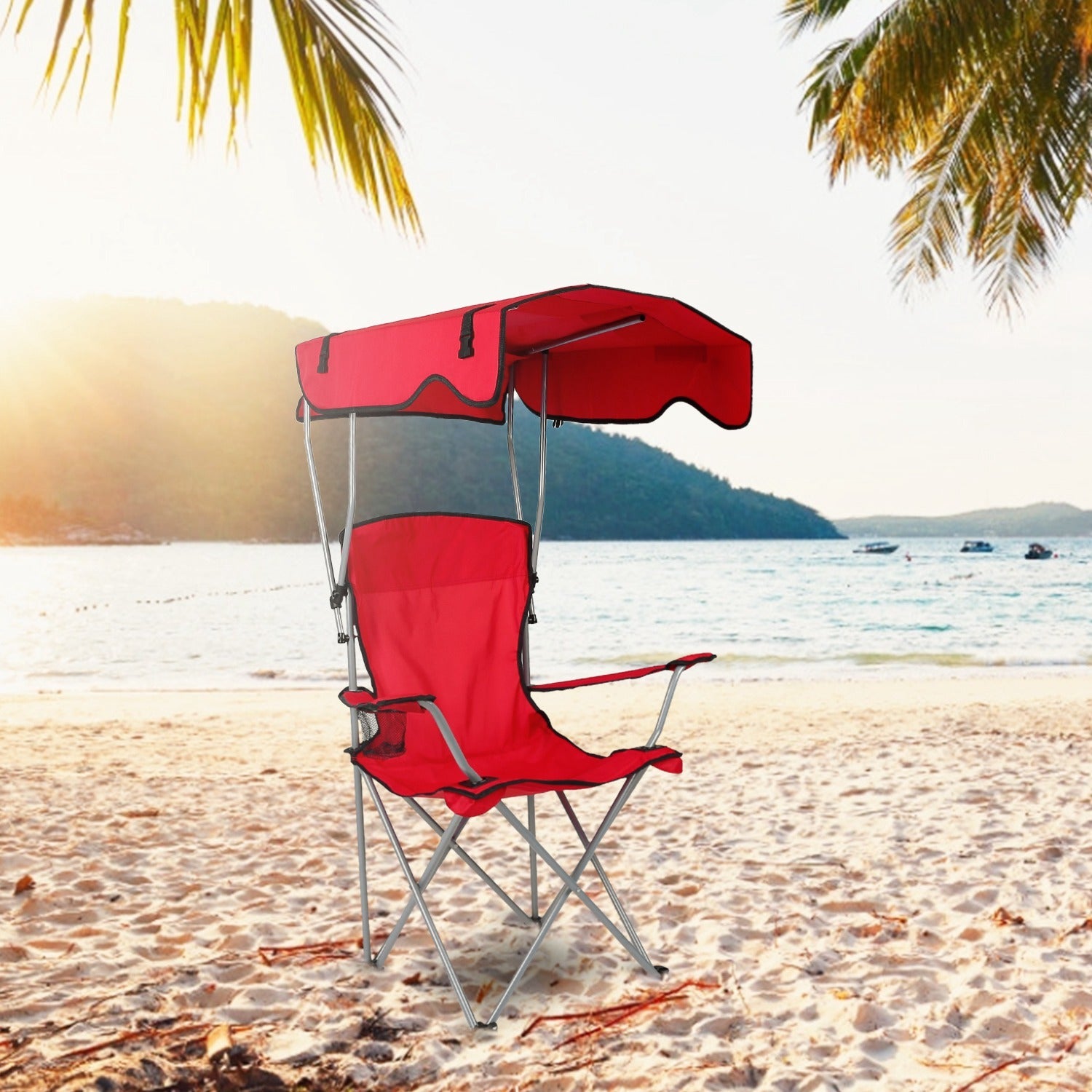 GemGear red foldable beach canopy chair with cup holder for sun protection on the beach on Tampa Home & Garden Store