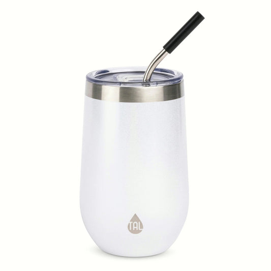 TAL Stainless Steel Wine Tumbler with Straw – 16 fl oz, White