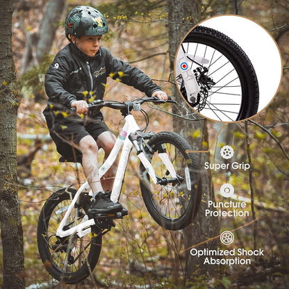 GemGear 20 Inch Kids Mountain Bike with Front Suspension, white frame, 7-speed; rider on trail on Tampa Home & Garden Store