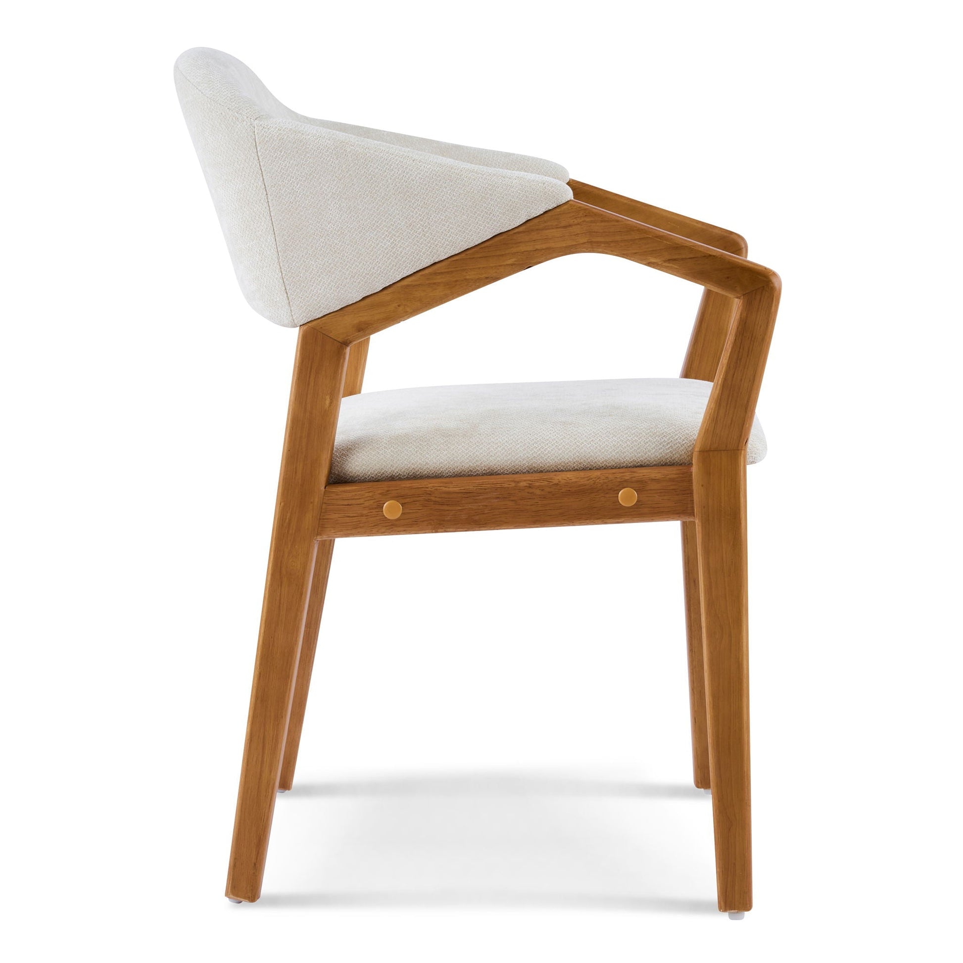 Indoor Upholstered Dining Armchairs Set of 2 in beige fabric with teak frame and curved arms on Tampa Home & Garden Store