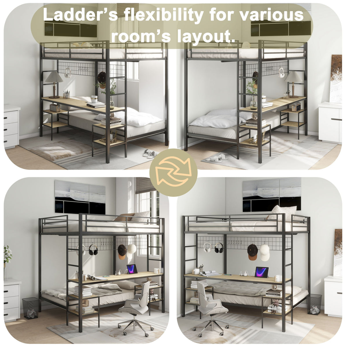 Ethan bunk bed with desk and storage by HouseOfZazla, black metal frame, light wood desk on Tampa Home & Garden Store